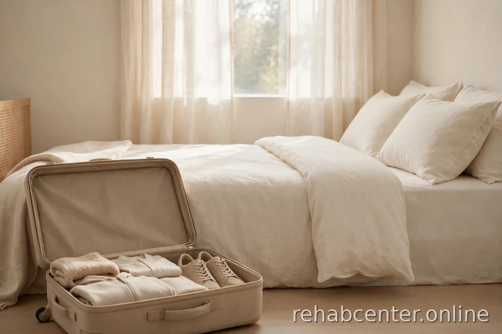suitcase packed neatly beside a bed