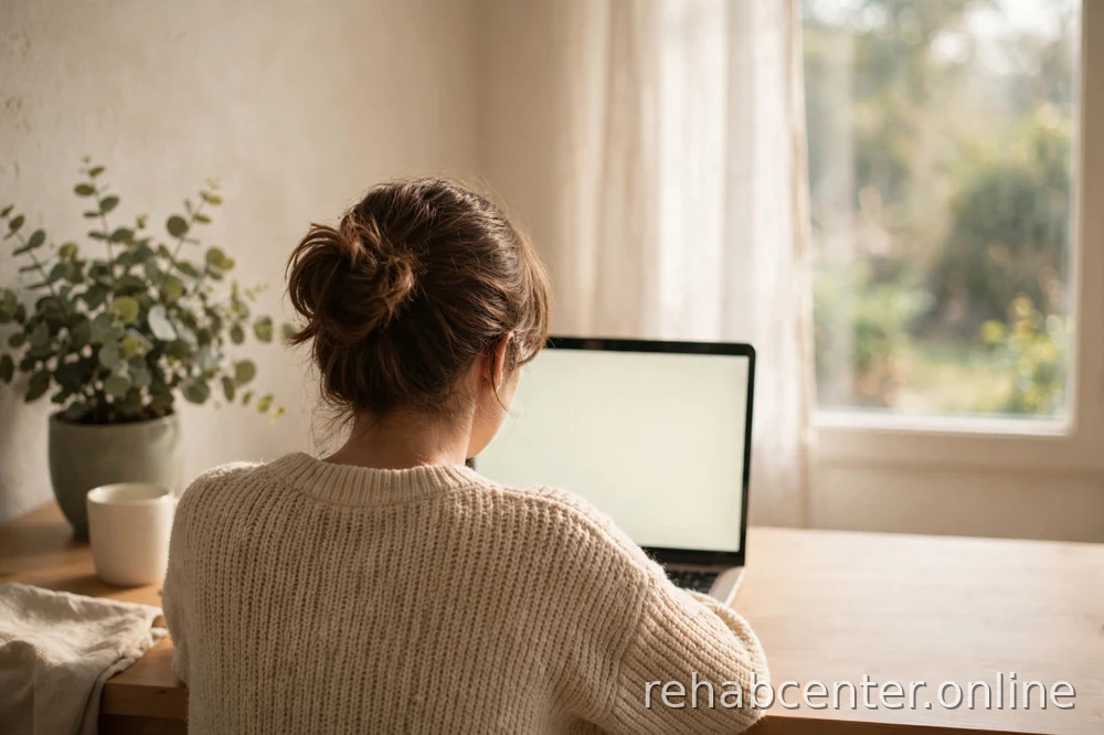 person researching on a laptop at home