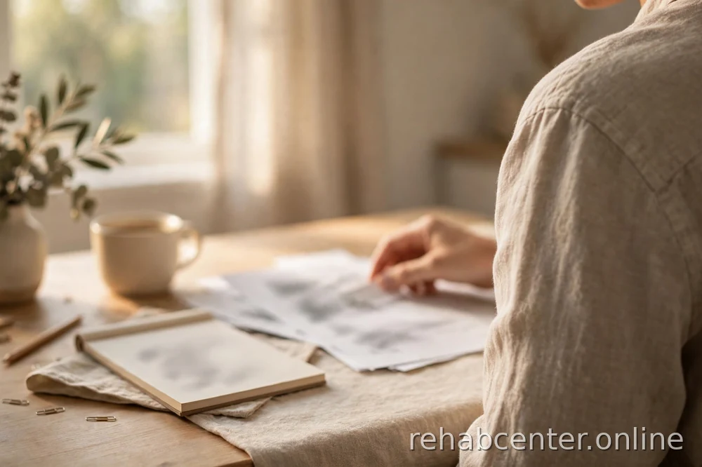 person reviewing documents at home