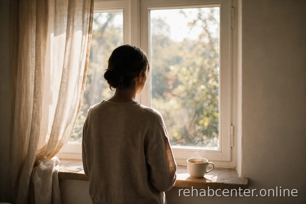 person pausing by a window