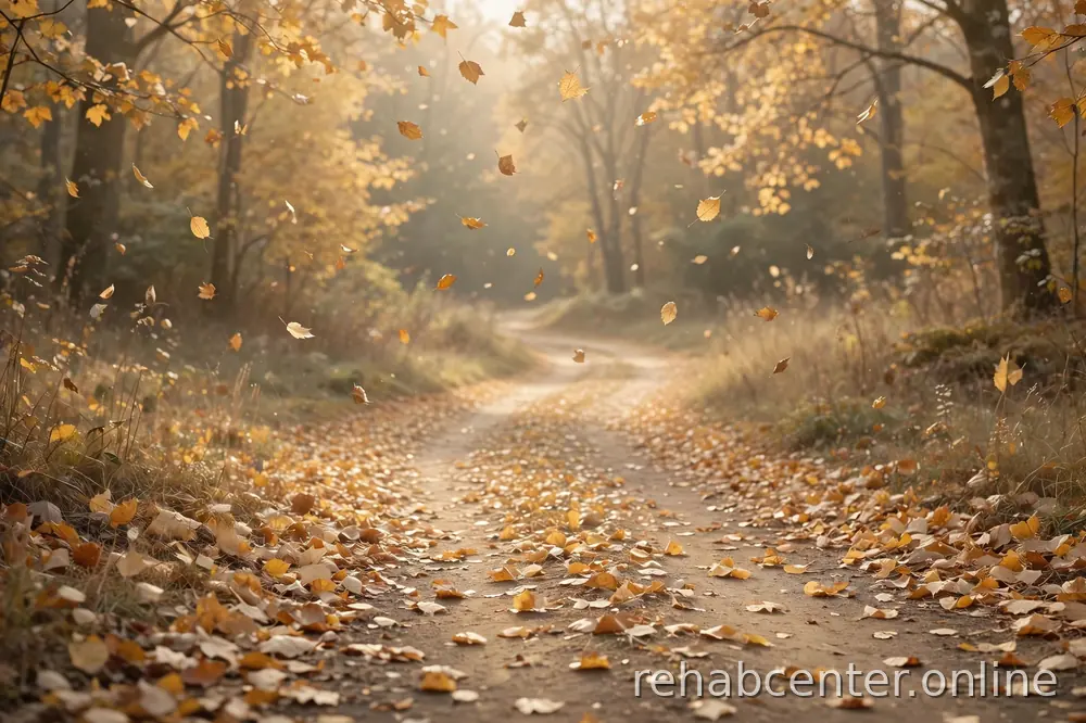 autumn path with falling leaves