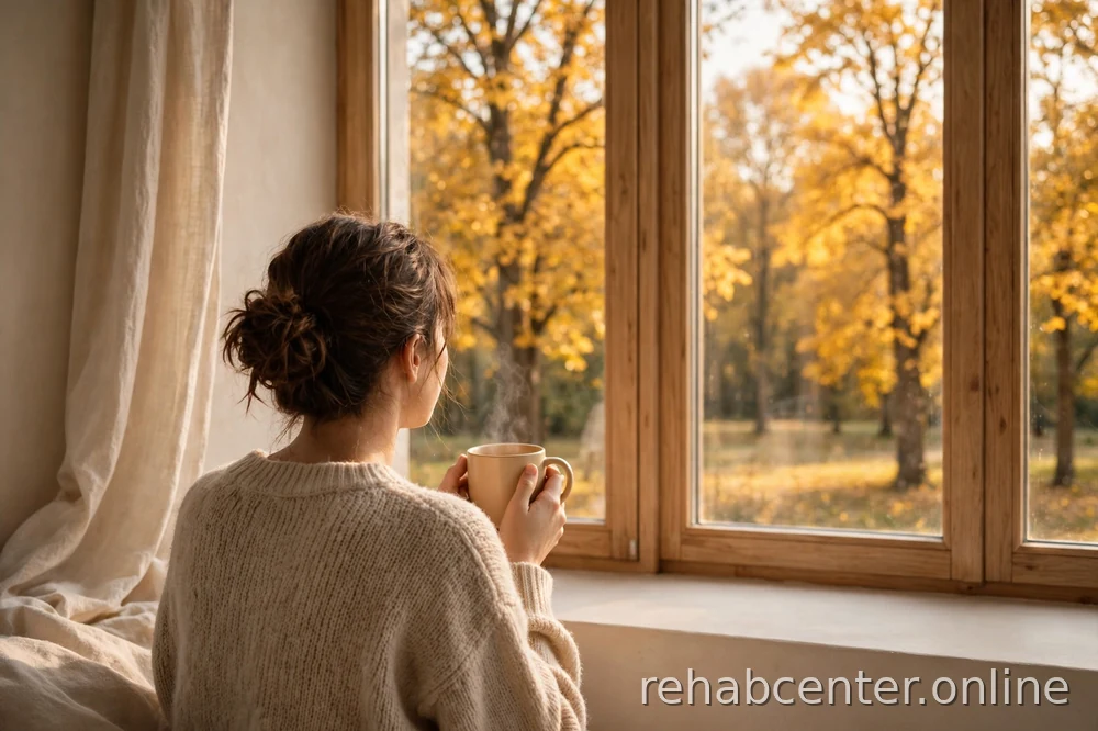 person with a warm drink by a window
